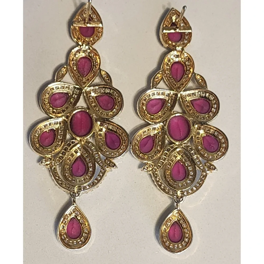 Gold Tone Red Rhinestone Statement Necklace  Chandelier Earrings Set Bollywood